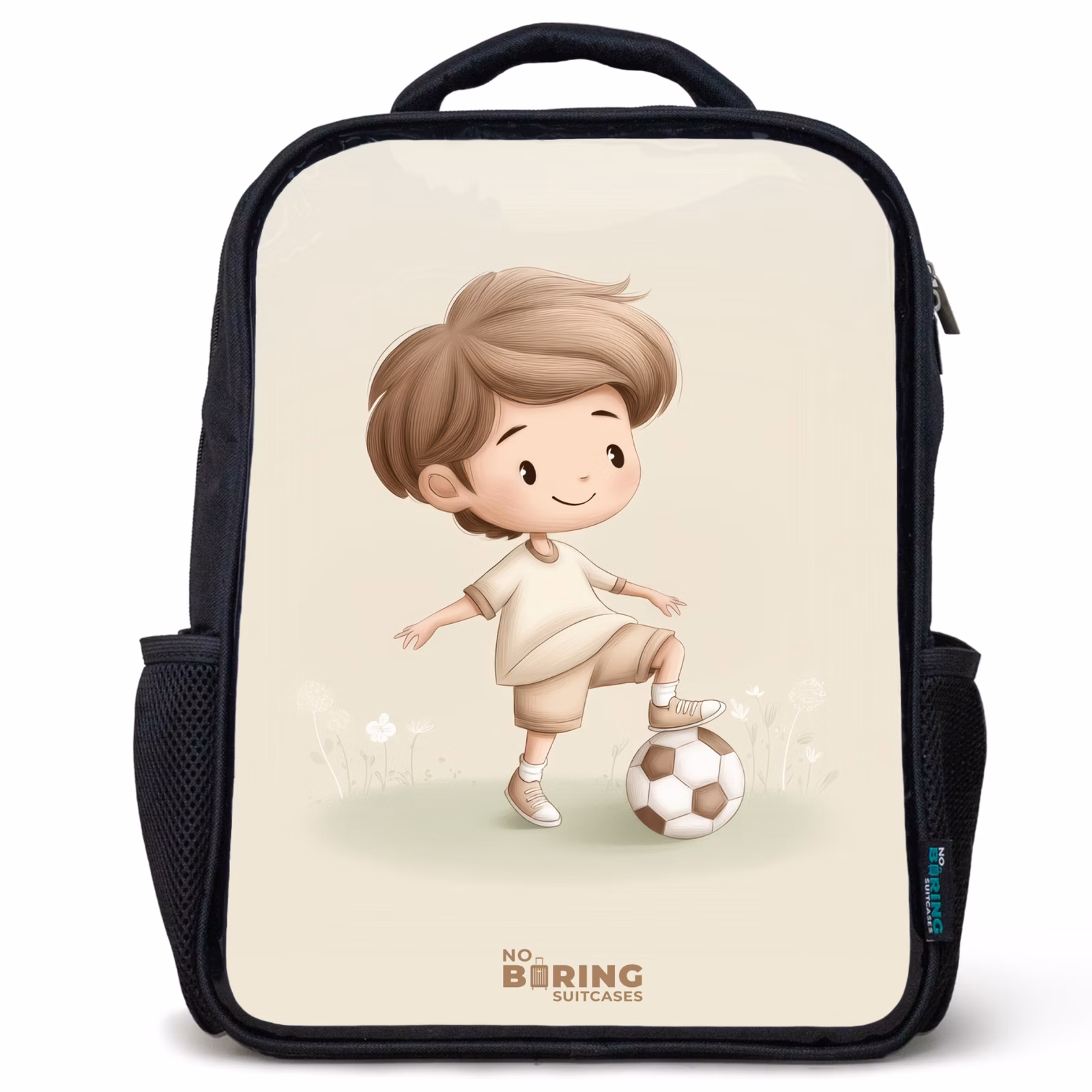 Kinderrucksack - Schwarz - Junge mit Fußball in Brauntönen — 1