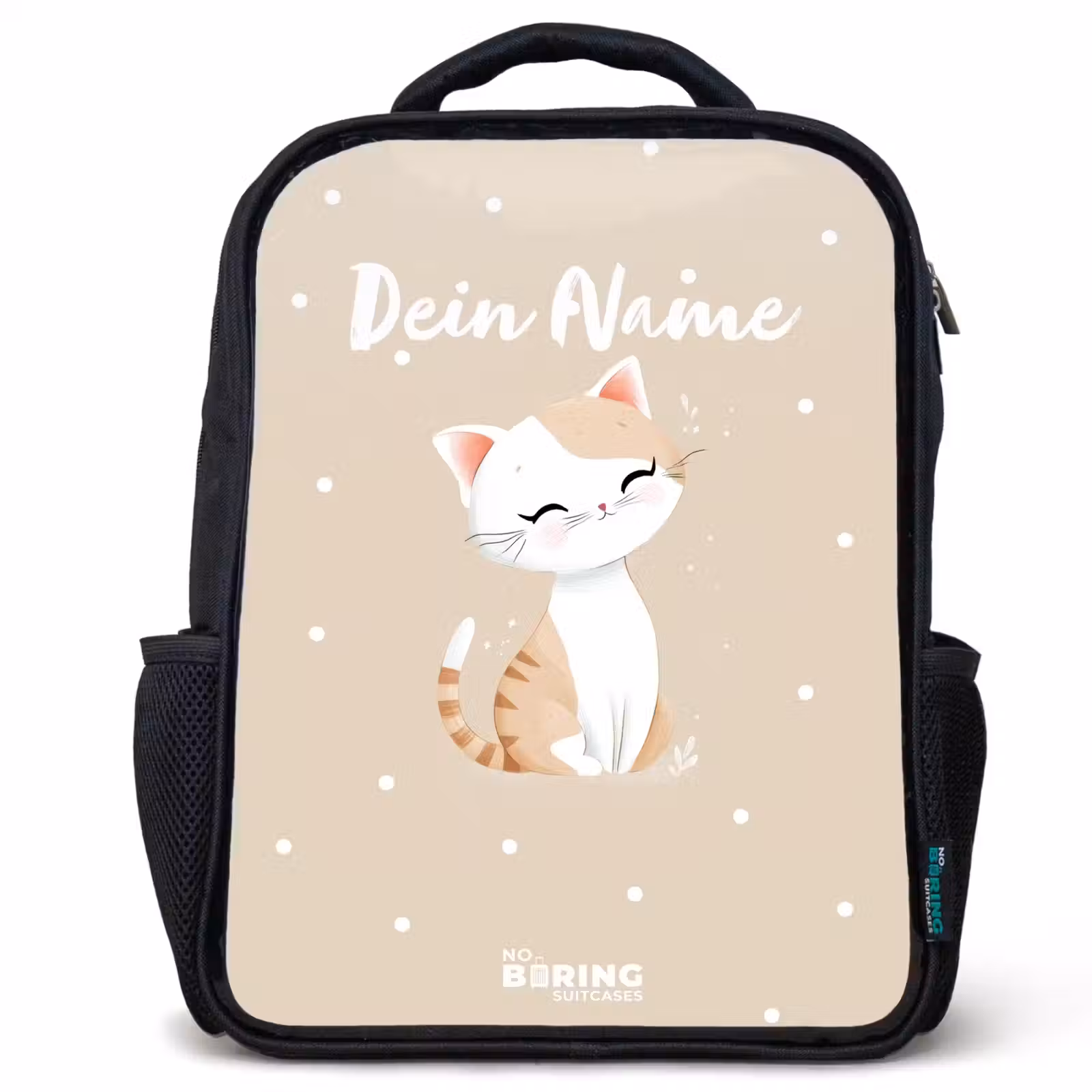 Kinderrucksack - Schwarz - Katze umgeben von beigen Punkten — 1