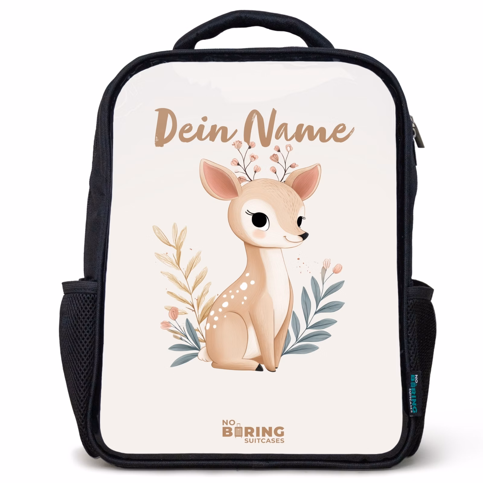 Kinderrucksack - Schwarz - Kleine Rehe umgeben von Pflanzen in Beigetönen — 1