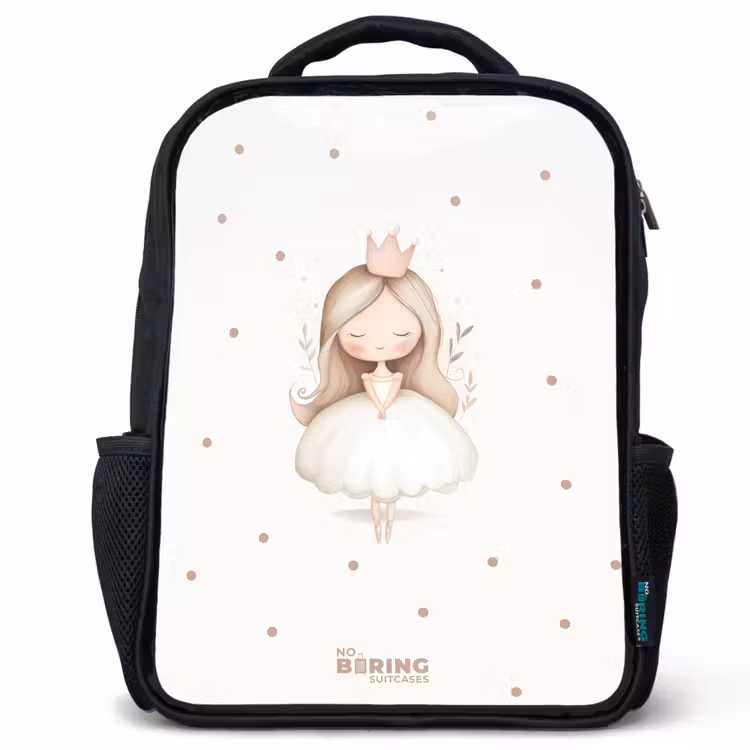Kinderrucksack - Schwarz - Ballerina Prinzessin zwischen beigen Tupfen — 1
