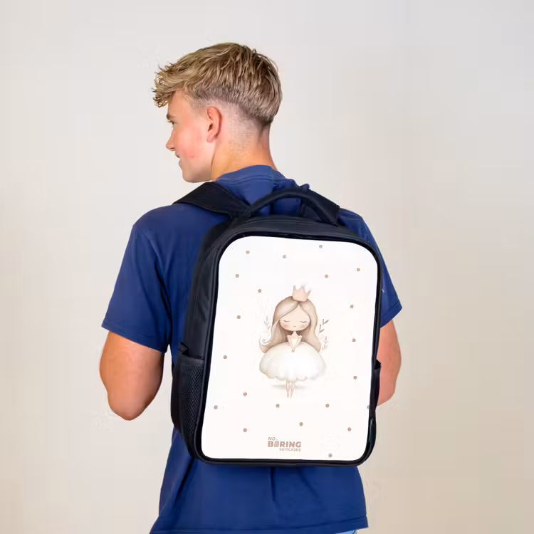Kinderrucksack - Schwarz - Ballerina Prinzessin zwischen beigen Tupfen — 3