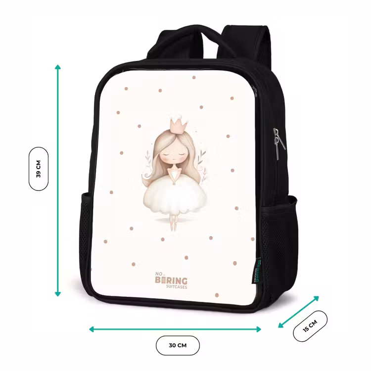 Kinderrucksack - Schwarz - Ballerina Prinzessin zwischen beigen Tupfen — 6