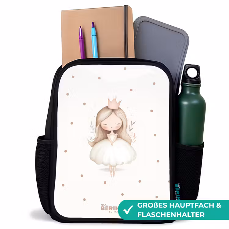 Kinderrucksack - Schwarz - Ballerina Prinzessin zwischen beigen Tupfen — 8