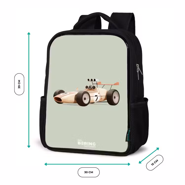 Kinderrucksack - Schwarz - Beige Retro-Rennwagen auf grünem Hintergrund — 6
