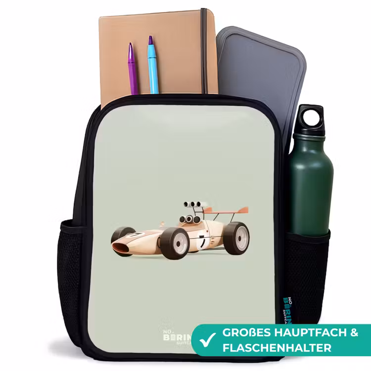 Kinderrucksack - Schwarz - Beige Retro-Rennwagen auf grünem Hintergrund — 8