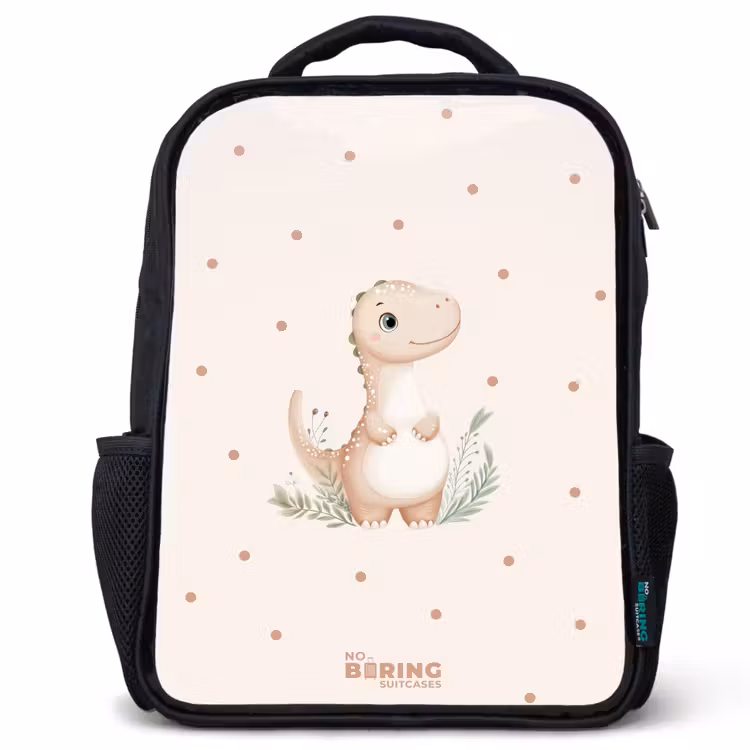Kinderrucksack - Schwarz - Beigefarbener Dino auf getupftem Hintergrund — 1
