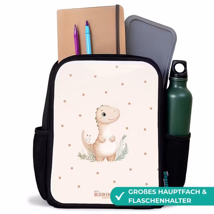Kinderrucksack - Schwarz - Beigefarbener Dino auf getupftem Hintergrund — 8