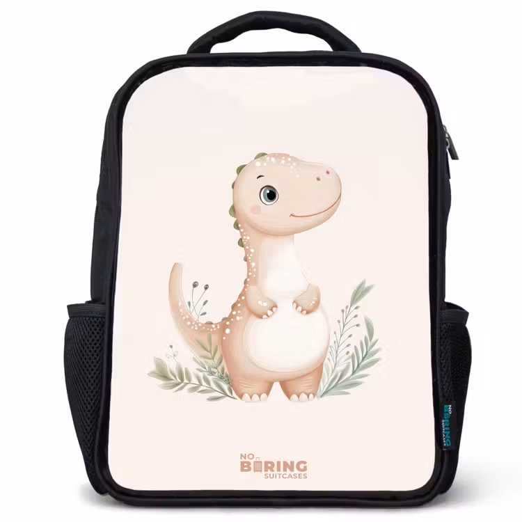 Kinderrucksack - Schwarz - Beigefarbener Dinosaurier mit grünen Blättern — 1