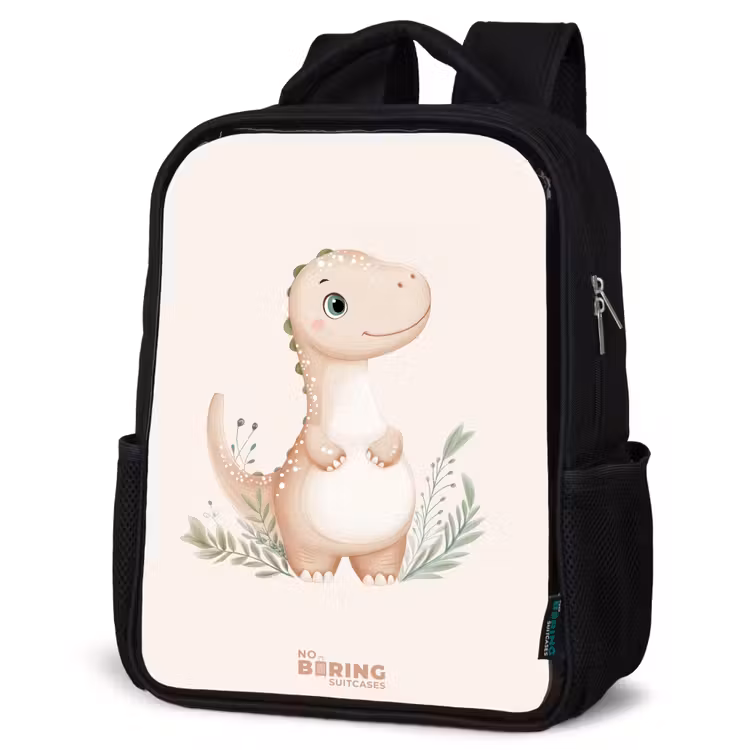 Kinderrucksack - Schwarz - Beigefarbener Dinosaurier mit grünen Blättern — 4