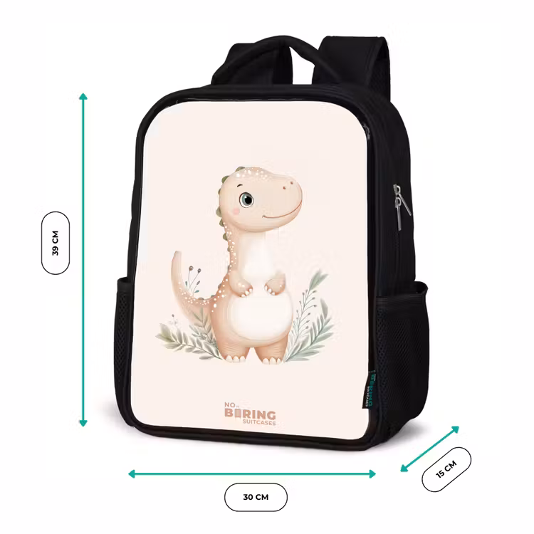 Kinderrucksack - Schwarz - Beigefarbener Dinosaurier mit grünen Blättern — 6