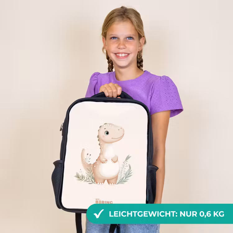 Kinderrucksack - Schwarz - Beigefarbener Dinosaurier mit grünen Blättern — 7