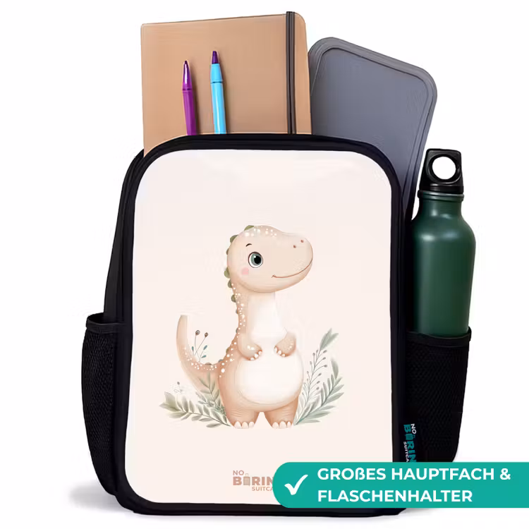 Kinderrucksack - Schwarz - Beigefarbener Dinosaurier mit grünen Blättern — 8