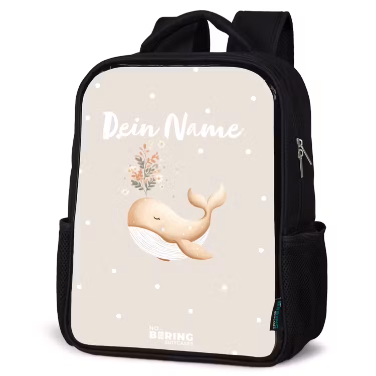 Kinderrucksack - Schwarz - Beigefarbener Wal in einem Meer von Blumen — 4