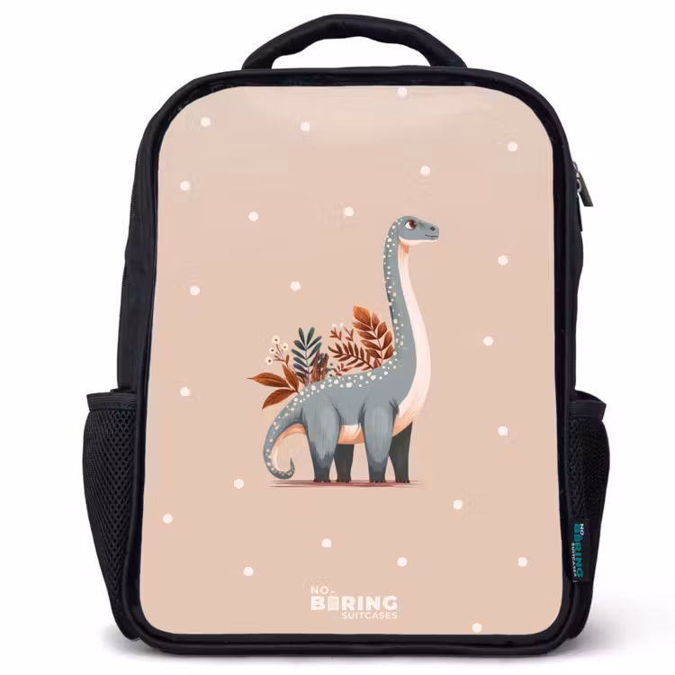 Kinderrucksack - Schwarz - Blauer Dinosaurier auf beigefarbenem Tupfenhintergrund — 1