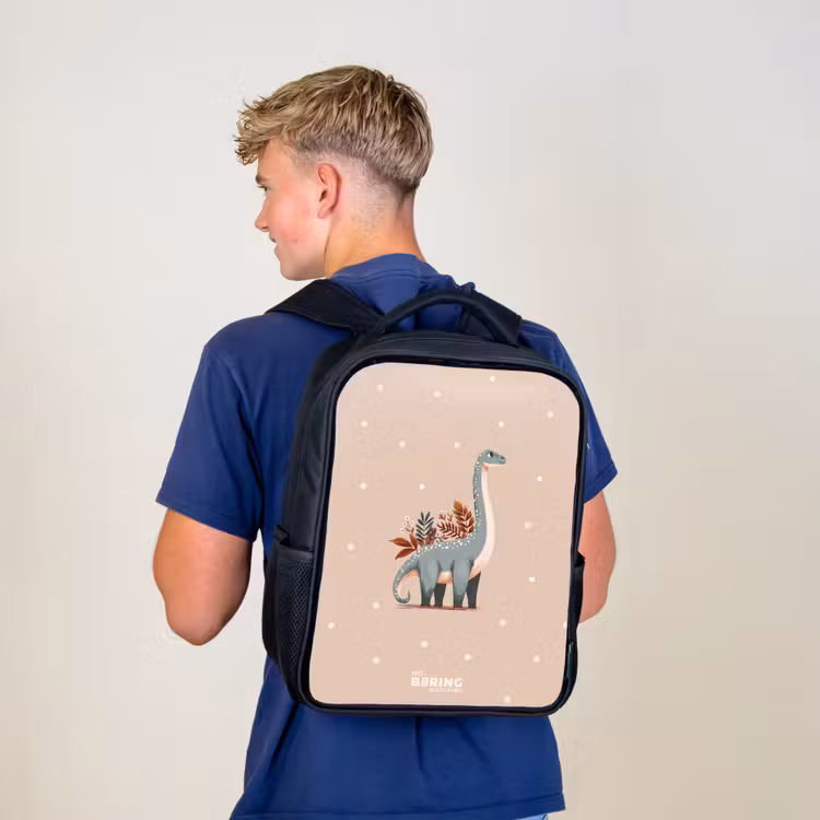 Kinderrucksack - Schwarz - Blauer Dinosaurier auf beigefarbenem Tupfenhintergrund — 3