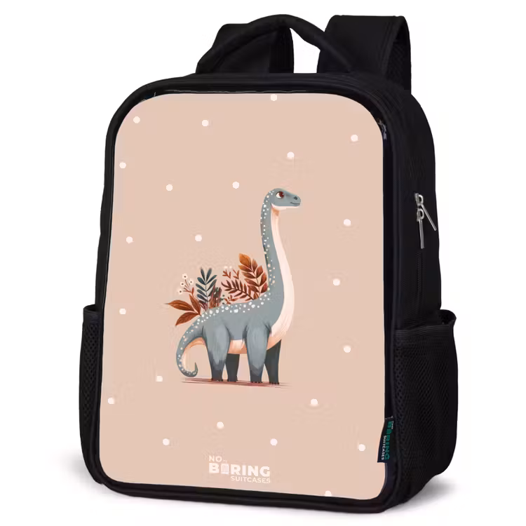 Kinderrucksack - Schwarz - Blauer Dinosaurier auf beigefarbenem Tupfenhintergrund — 4
