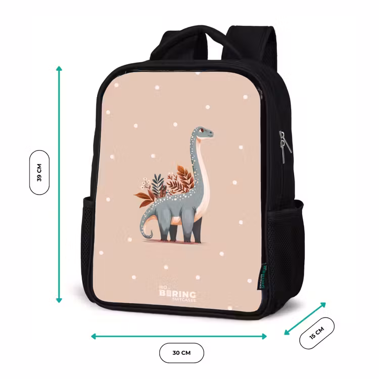 Kinderrucksack - Schwarz - Blauer Dinosaurier auf beigefarbenem Tupfenhintergrund — 6