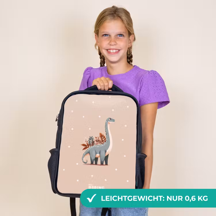 Kinderrucksack - Schwarz - Blauer Dinosaurier auf beigefarbenem Tupfenhintergrund — 7