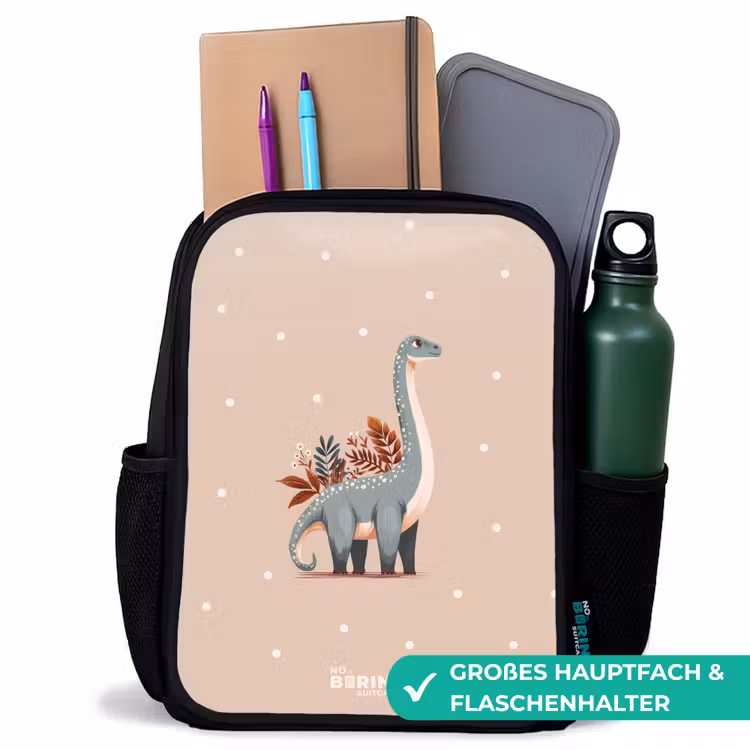 Kinderrucksack - Schwarz - Blauer Dinosaurier auf beigefarbenem Tupfenhintergrund — 8