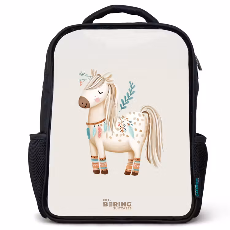 Kinderrucksack - Schwarz - Böhmisches Pferd in Beigetönen — 1