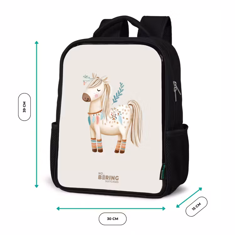 Kinderrucksack - Schwarz - Böhmisches Pferd in Beigetönen — 6