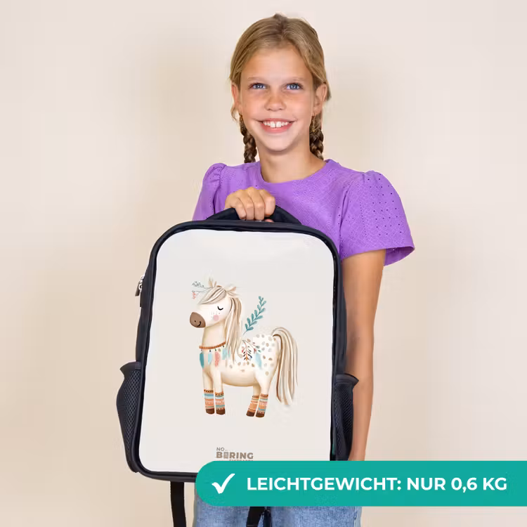 Kinderrucksack - Schwarz - Böhmisches Pferd in Beigetönen — 7