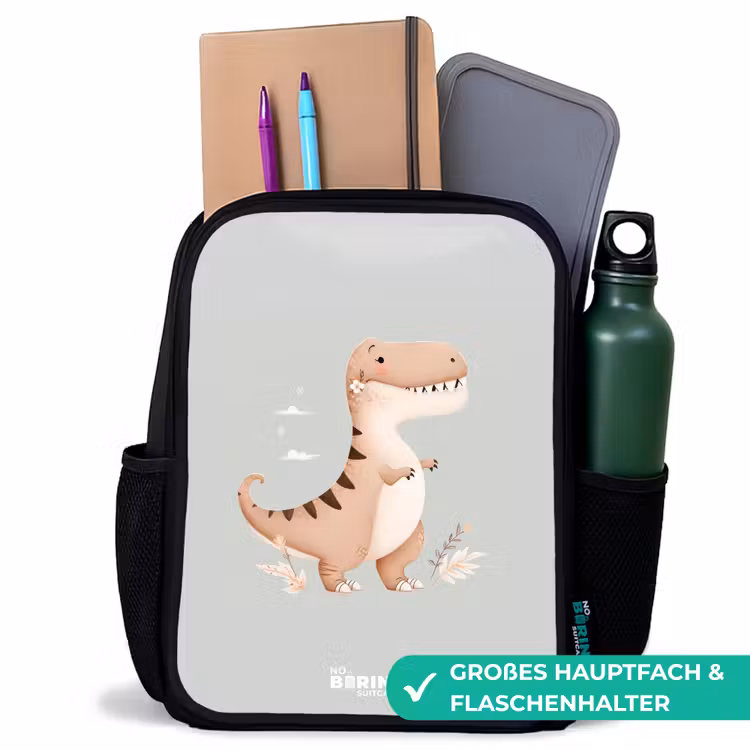 Kinderrucksack - Schwarz - Dino in den Farben Beige und Grau — 8