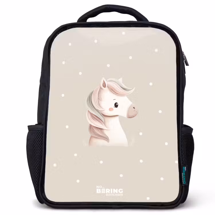 Kinderrucksack - Schwarz - Einhorn umgeben von Tupfen in Beigetönen — 1