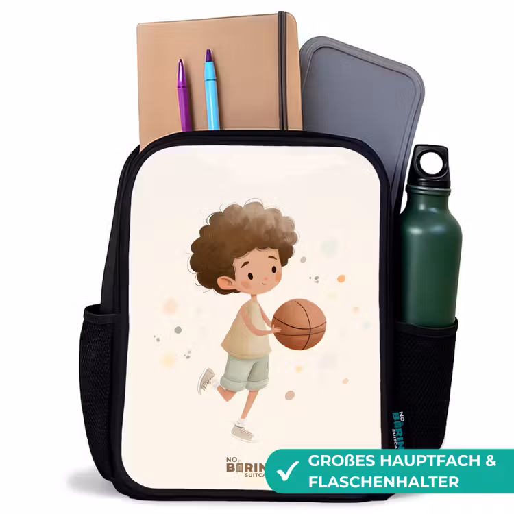 Kinderrucksack - Schwarz - Junge mit einem Basketball in Beigetönen — 8
