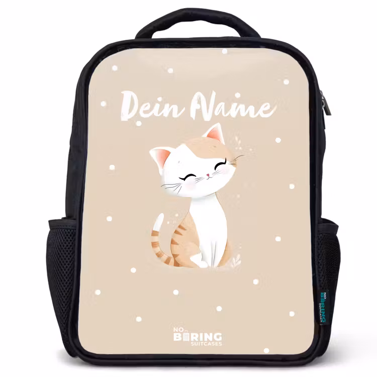 Kinderrucksack - Schwarz - Katze umgeben von beigen Punkten — 1