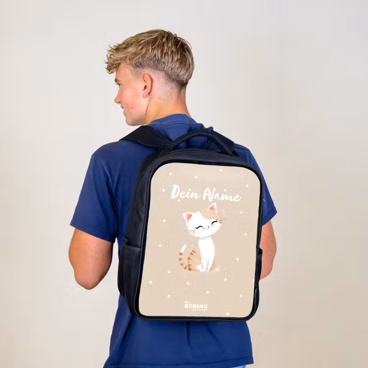 Kinderrucksack - Schwarz - Katze umgeben von beigen Punkten — 3