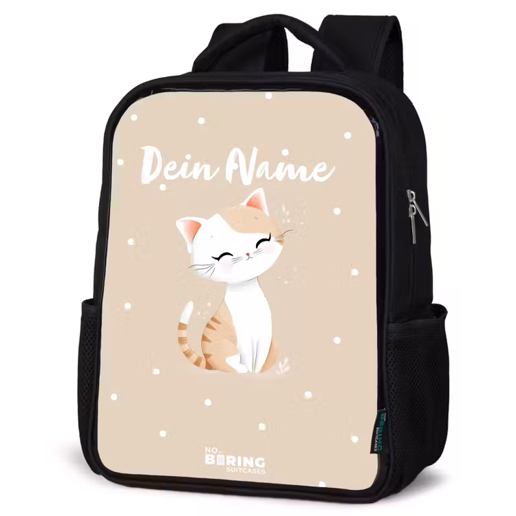 Kinderrucksack - Schwarz - Katze umgeben von beigen Punkten — 4
