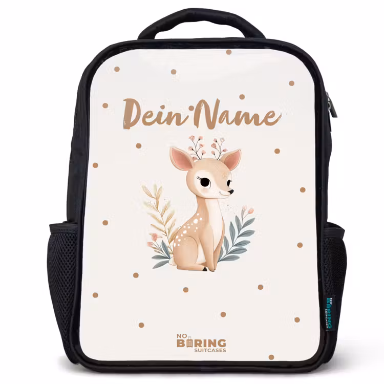 Kinderrucksack - Schwarz - Kleine Rehe mit Pflanzen in einem Feld voller Punkte — 1