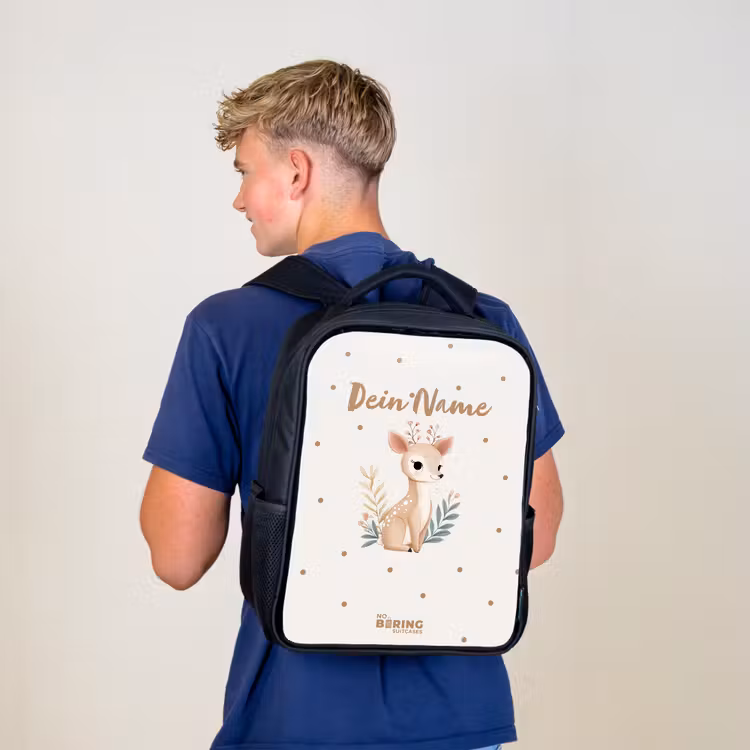 Kinderrucksack - Schwarz - Kleine Rehe mit Pflanzen in einem Feld voller Punkte — 3