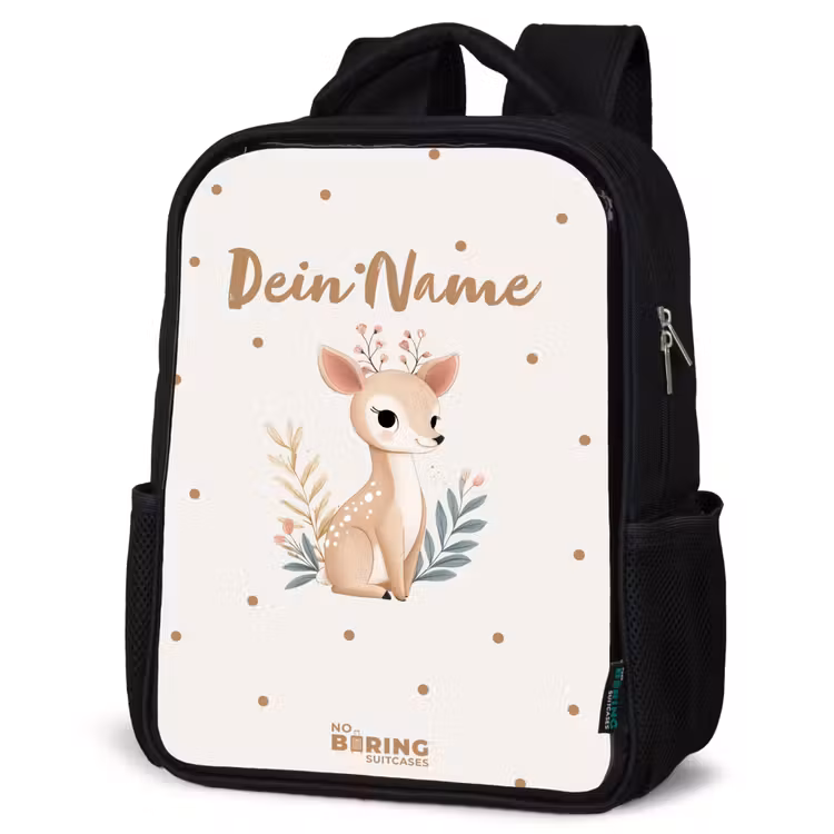 Kinderrucksack - Schwarz - Kleine Rehe mit Pflanzen in einem Feld voller Punkte — 4