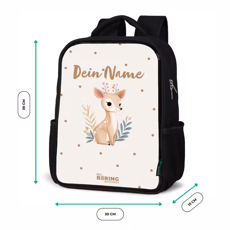 Kinderrucksack - Schwarz - Kleine Rehe mit Pflanzen in einem Feld voller Punkte — 6