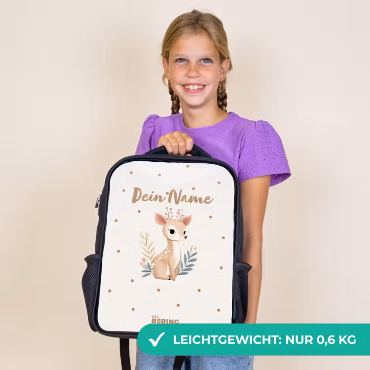 Kinderrucksack - Schwarz - Kleine Rehe mit Pflanzen in einem Feld voller Punkte — 7