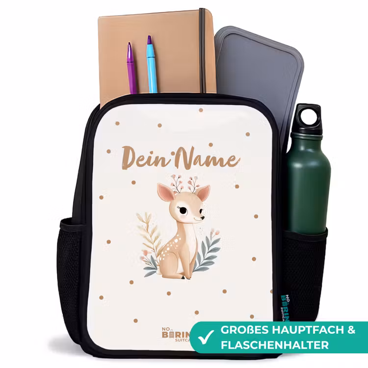 Kinderrucksack - Schwarz - Kleine Rehe mit Pflanzen in einem Feld voller Punkte — 8