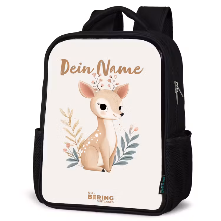 Kinderrucksack - Schwarz - Kleine Rehe umgeben von Pflanzen in Beigetönen — 4