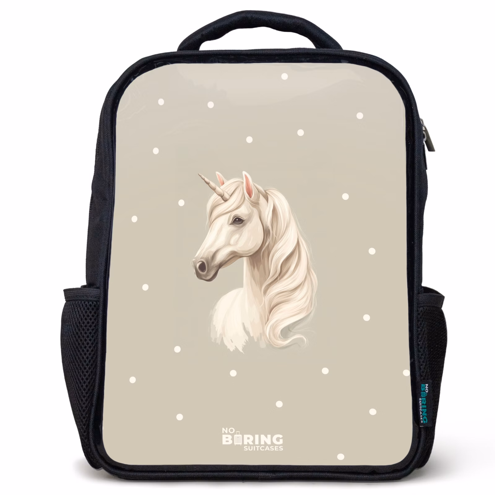 Kinderrucksack - Schwarz - Einhorn umgeben von Polka Dots in neutralen Farben — 1