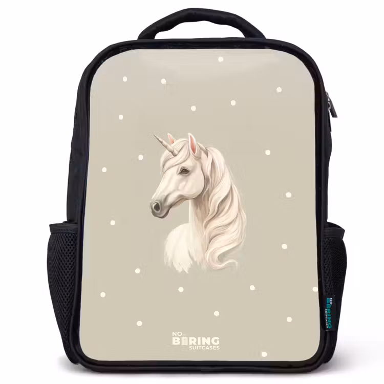 Kinderrucksack - Schwarz - Einhorn umgeben von Polka Dots in neutralen Farben — 1