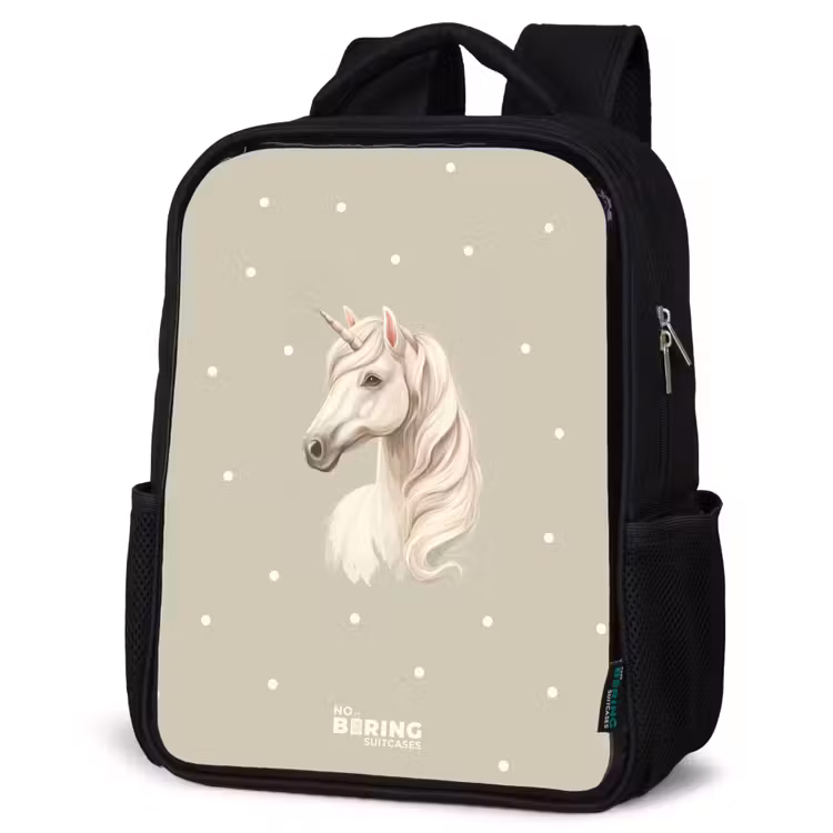 Kinderrucksack - Schwarz - Einhorn umgeben von Polka Dots in neutralen Farben — 4