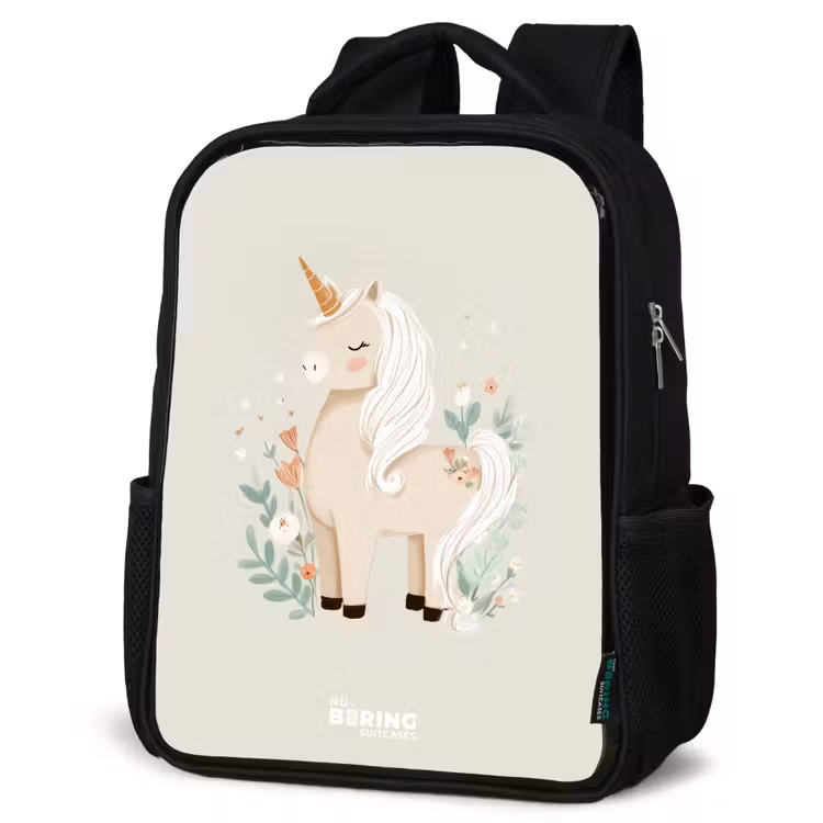 Kinderrucksack - Schwarz - Einhorn zwischen Blumen in Beigetönen — 4
