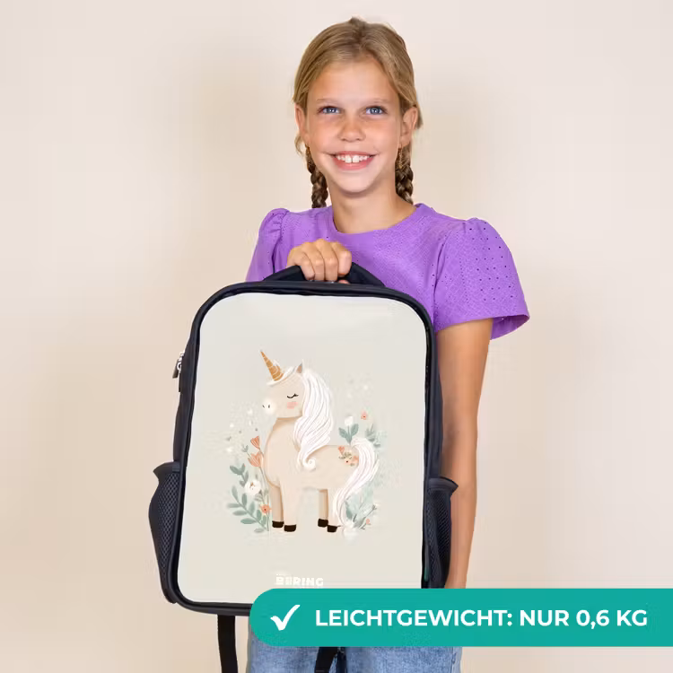 Kinderrucksack - Schwarz - Einhorn zwischen Blumen in Beigetönen — 7