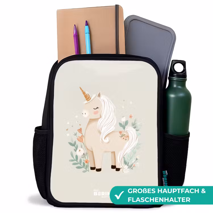 Kinderrucksack - Schwarz - Einhorn zwischen Blumen in Beigetönen — 8