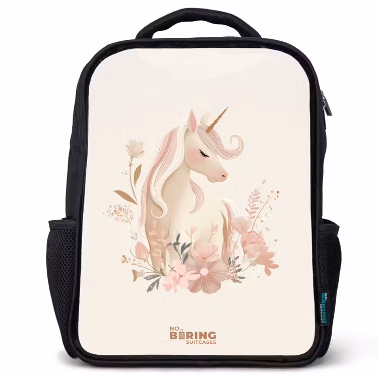 Kinderrucksack - Schwarz - Einhorn zwischen Blumen in rosa Pastellfarben — 1