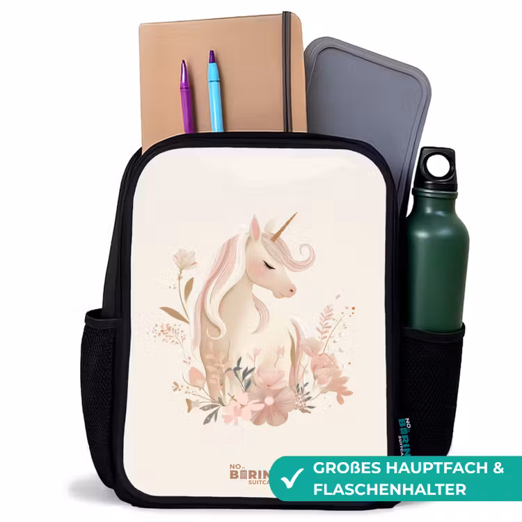 Kinderrucksack - Schwarz - Einhorn zwischen Blumen in rosa Pastellfarben — 8