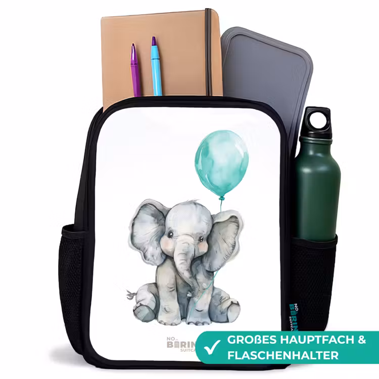 Kinderrucksack - Schwarz - Elefant mit blauem Luftballon — 8