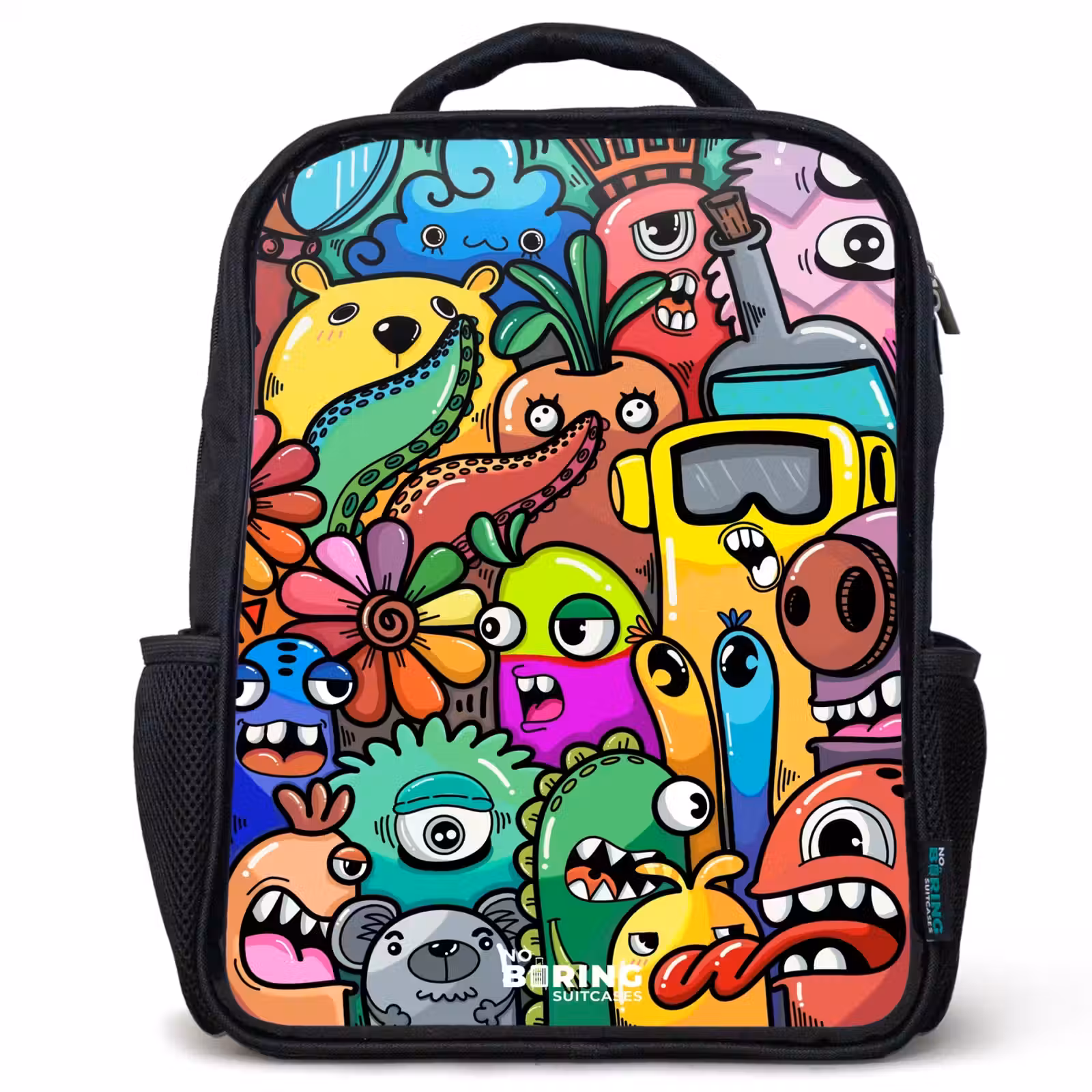 Kinderrucksack - Schwarz - Ausdrucksstarkes und geschäftiges Muster mit Monstern — 1