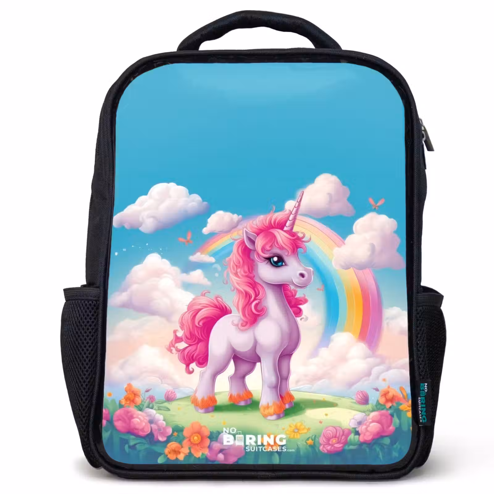 Kinderrucksack - Schwarz - Fröhliches Einhorn auf einem Regenbogen — 1
